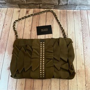 BE & D
Stud Embellished Leather Ruffle Bag, olive green with silver hardware
